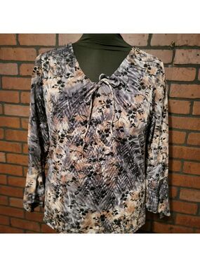 Carol Rose flocked velvet design, Black/brown/gray 3/4 bell flair sleeve Size LG